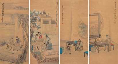 张淇 乙巳（1905年）作 昆曲人物 四屏